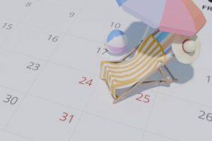 tiny beach vacation setup, including a striped deck chair and umbrella, resting on a calendar page, upcoming winter holidays, travel dates, or important summer getaway. New Year and Christmas weekend